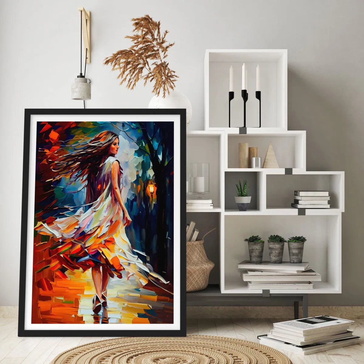 Poster in einem schwarzem Rahmen - Eine Frau tanzt zwischen bunten Herbstblättern - 50x70cm - Herbstmädchen - Moderne Wanddekoration für Wohnzimmer und Schlafzimmer ARTTOR