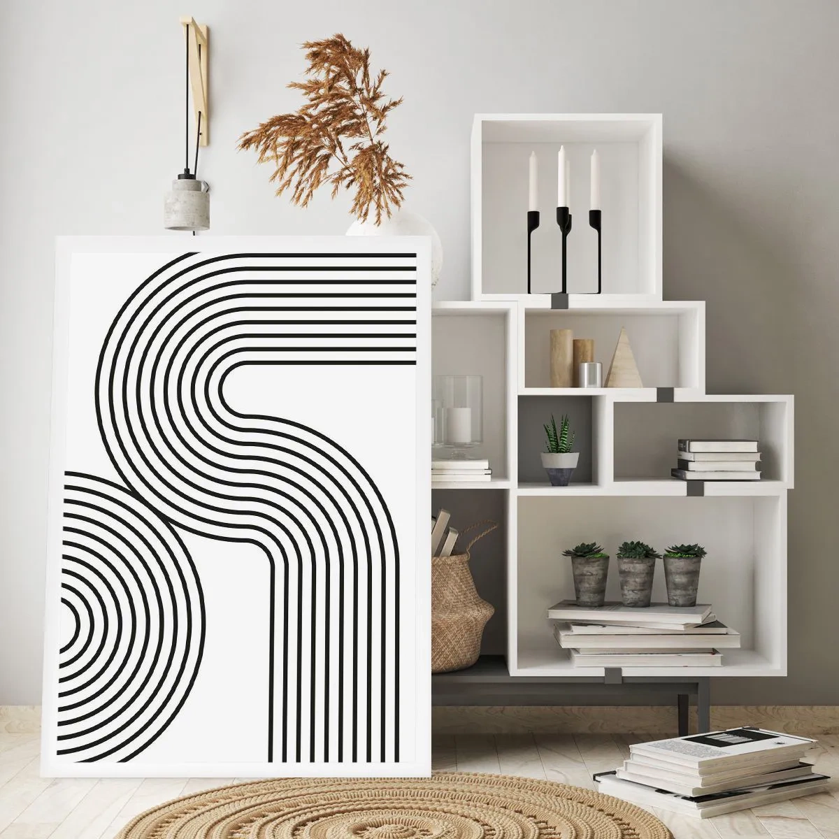 Poster - Moderne Grafik mit abstrakten Linien in Schwarz-Weiß - 50x70cm - An der Kurve - Moderne Wanddekoration für Wohnzimmer und Schlafzimmer ARTTOR