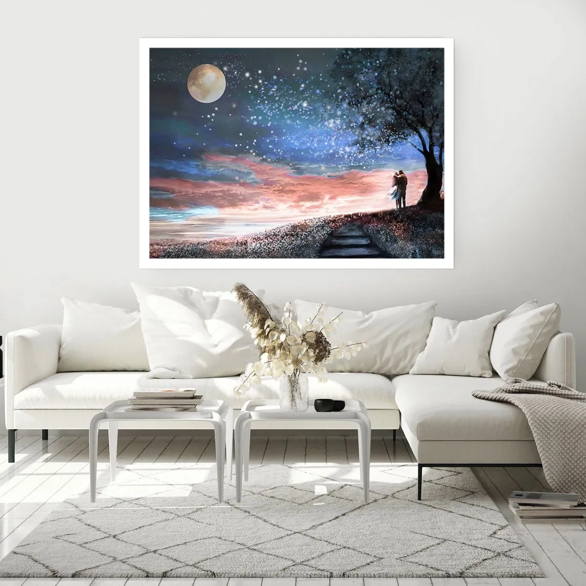 Poster - Romantische Paarszene unter Vollmond - 100x70cm - Ein sternenklares Spektakel - Moderne Wanddekoration für Wohnzimmer und Schlafzimmer ARTTOR