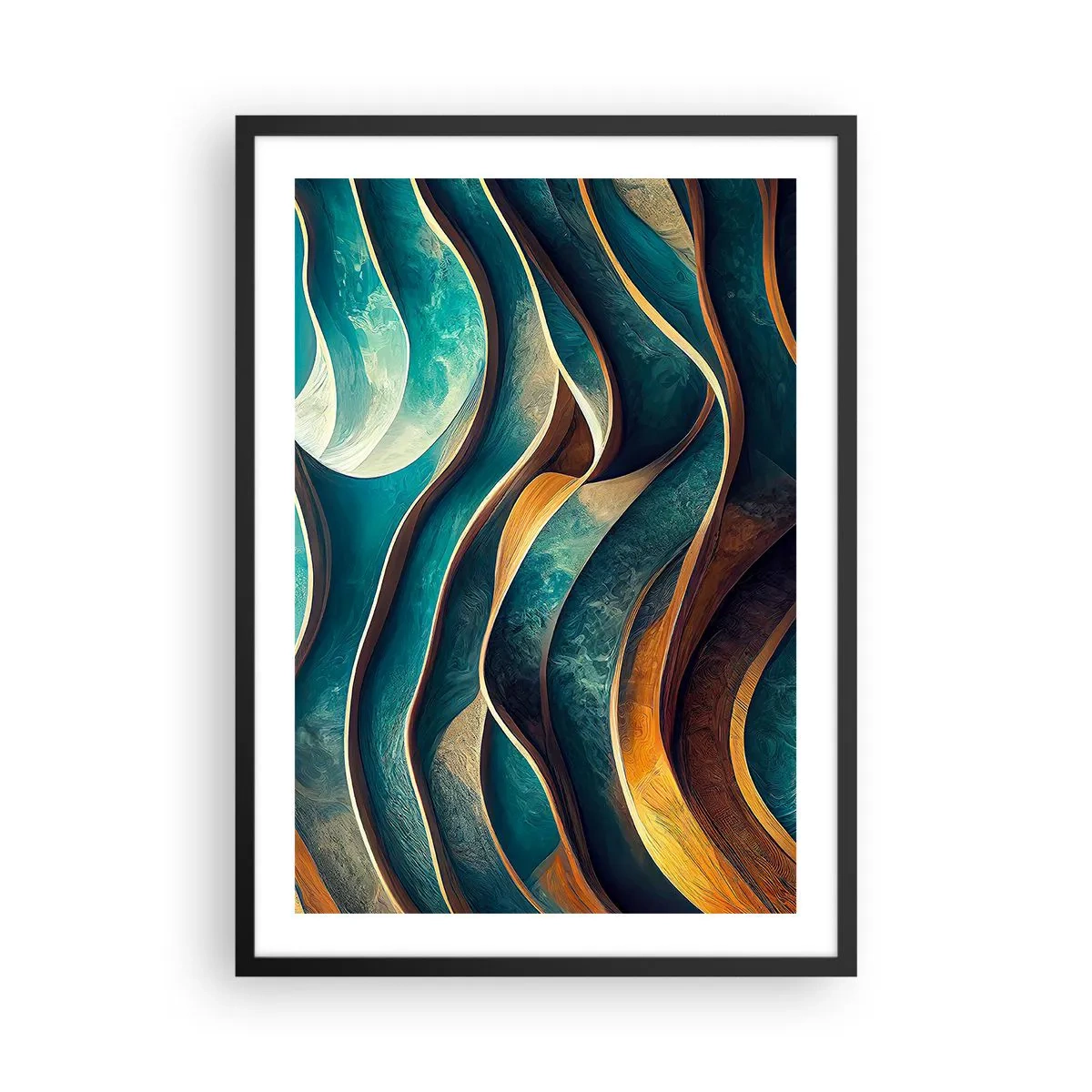 Poster in einem schwarzem Rahmen - Eine abstrakte Komposition aus wellenförmigen Formen in Türkistönen. - 50x70cm - Blaue Mäander - Moderne Wanddekoration für Wohnzimmer und Schlafzimmer ARTTOR