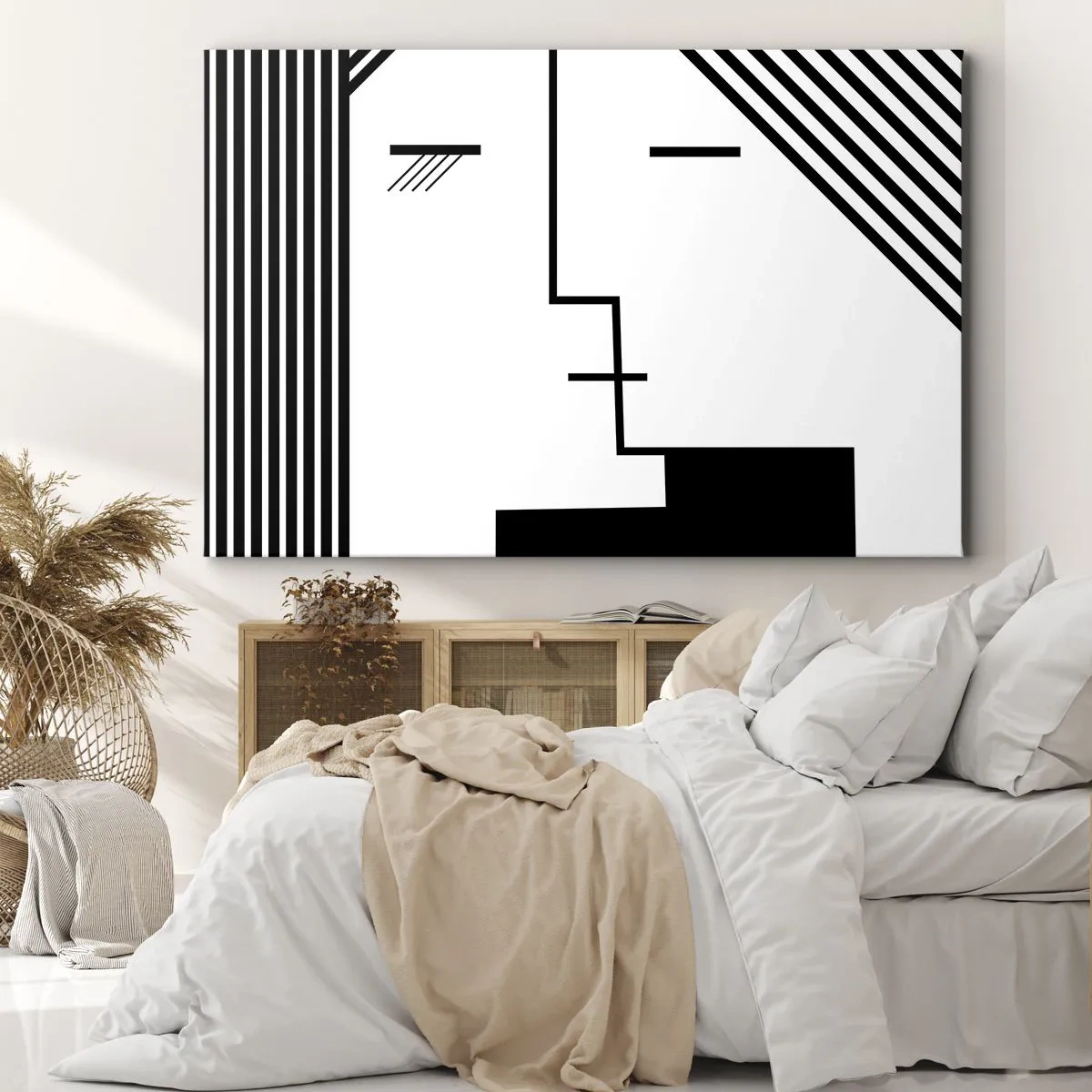 Bild auf Leinwand - Leinwandbild - Geometrische Abstraktion eines Kusses in Schwarz und Weiß - 120x80cm - Einfach ein Kuss - Moderne Wanddekoration für Wohnzimmer und Schlafzimmer ARTTOR