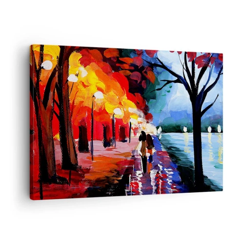 Bild auf Leinwand - Leinwandbild - Ein Herbstspaziergang entlang des Weges mit Blick auf das Wasser - 70x50cm - Strahlender Herbst im Park - Moderne Wanddekoration für Wohnzimmer und Schlafzimmer ARTTOR