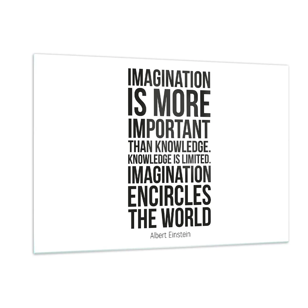 Glasbild - Bild auf glas - Ein Zitat über Vorstellungskraft in minimalistischer Typografie - 120x80cm - Einstein über die Kraft der Vorstellungskraft - Moderne Wanddekoration für Wohnzimmer und Schlafzimmer ARTTOR