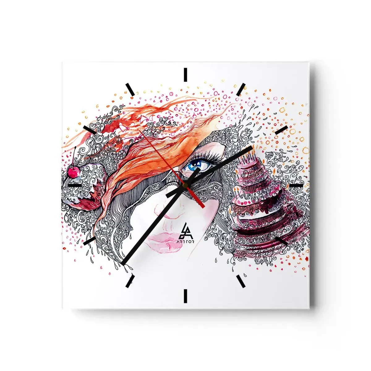 Wanduhr - Glasuhr - Künstlerisches Frauenporträt mit Details und rotem Akzent - 30x30cm - Bei ihr ist jeden Tag Feiertag - Moderne Wanddekoration für Wohnzimmer und Schlafzimmer ARTTOR