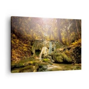 Bild auf Leinwand - Leinwandbild - Ein Waldwasserfall in den Sonnenstrahlen, umgeben von Grün - 70x50cm - Waldkaskade im Grünen - Moderne Wanddekoration für Wohnzimmer und Schlafzimmer ARTTOR