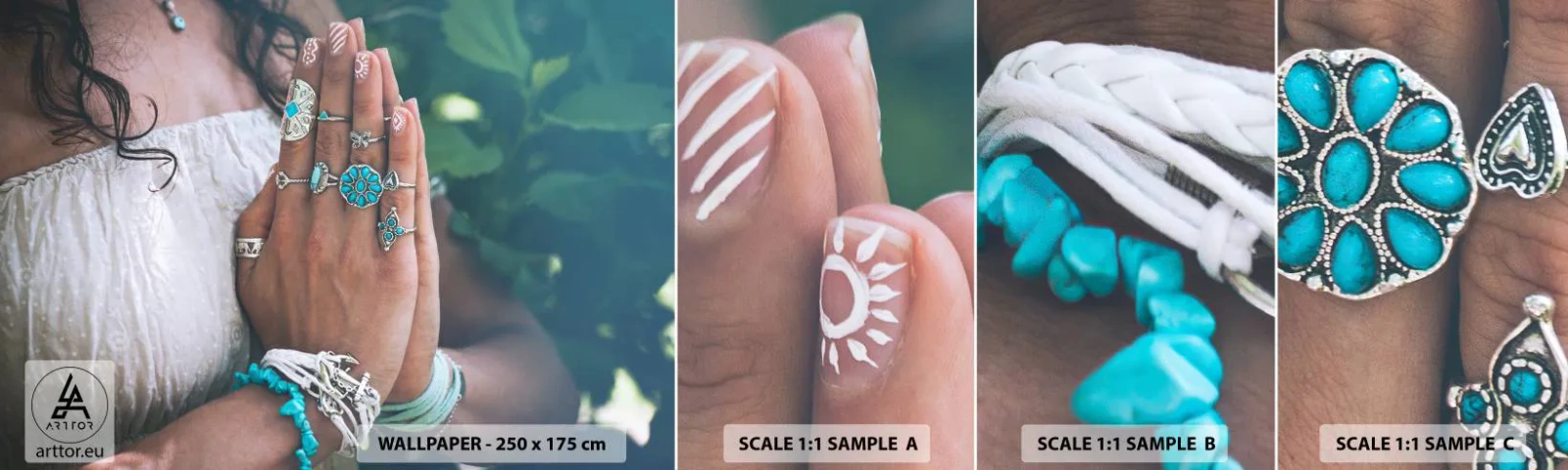 Fototapeten Muster Selbstklebend Deluxe Sticker - Willkommen im Zentrum des Seins - Frau, Schmuck, Boho - 100x30 cm