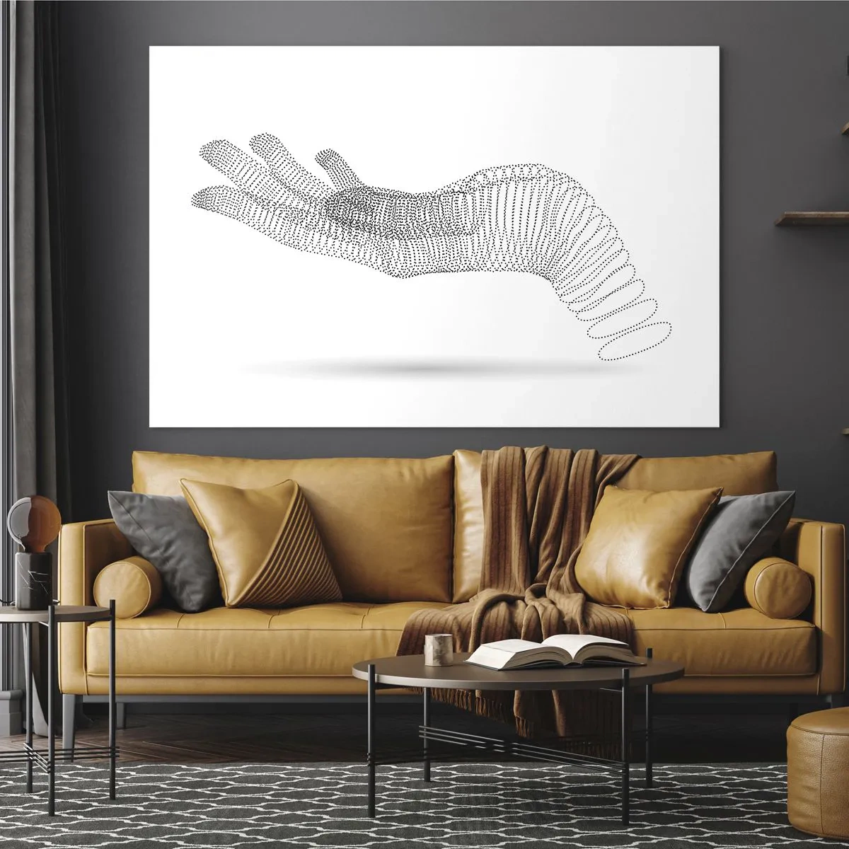 Glasbild - Bild auf glas - Minimalistische Grafik einer Hand aus Punkten - 70x50cm - Federnde Hand - Moderne Wanddekoration für Wohnzimmer und Schlafzimmer ARTTOR