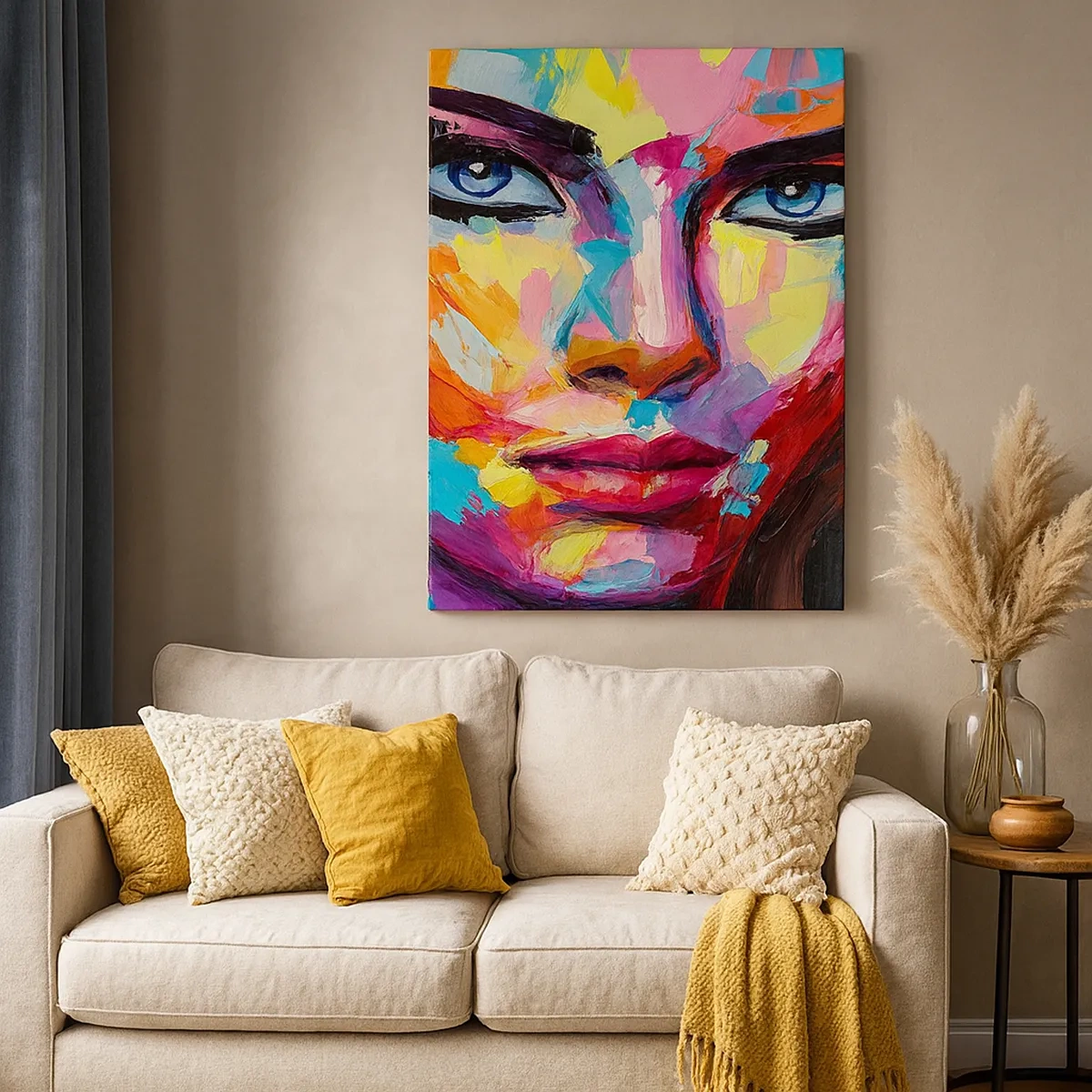 Bild auf Leinwand - Leinwandbild - Ein farbenfrohes abstraktes Porträt einer Frau in intensiven Farben. - 50x70cm - Auch die Seele ist bunt - Moderne Wanddekoration für Wohnzimmer und Schlafzimmer ARTTOR