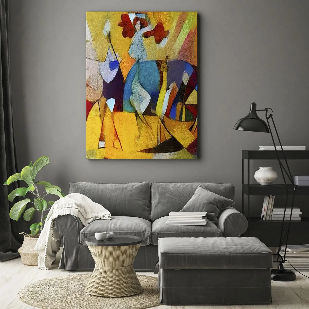 Bild auf Leinwand - Leinwandbild - Eine farbenfrohe Abstraktion, die Figuren in geometrischer Form darstellt - 50x70cm - Sonne - Leben - Freude - Moderne Wanddekoration für Wohnzimmer und Schlafzimmer ARTTOR