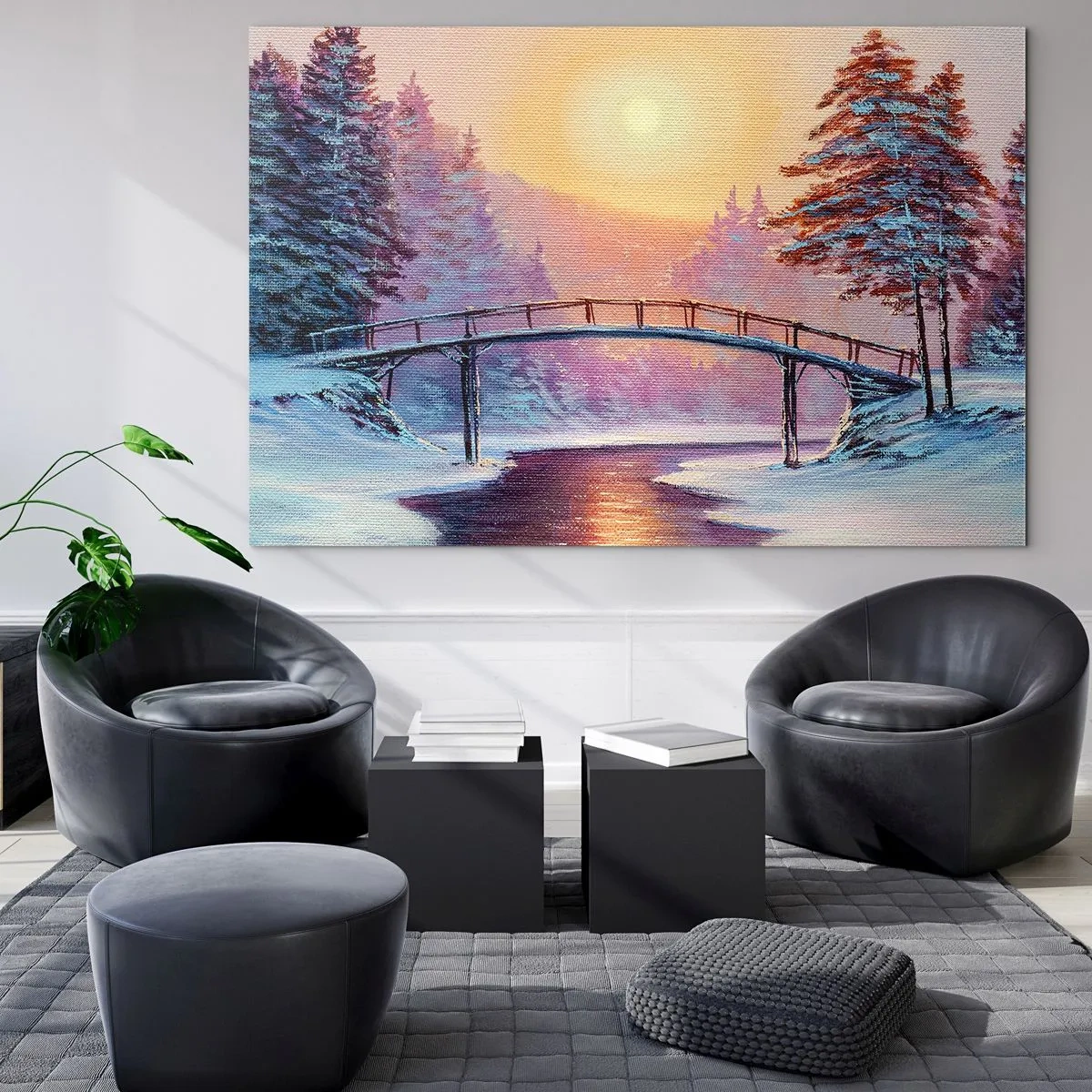 Glasbild - Bild auf glas - Winterlandschaft mit einer Brücke über einen Fluss bei Sonnenuntergang - 120x80cm - Vier Jahreszeiten - Winter - Moderne Wanddekoration für Wohnzimmer und Schlafzimmer ARTTOR