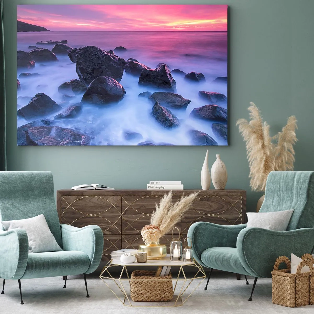 Bild auf Leinwand - Leinwandbild - Felsige Küste bei Sonnenuntergang - 100x70cm - Geburt bei Licht und Nebel - Moderne Wanddekoration für Wohnzimmer und Schlafzimmer ARTTOR