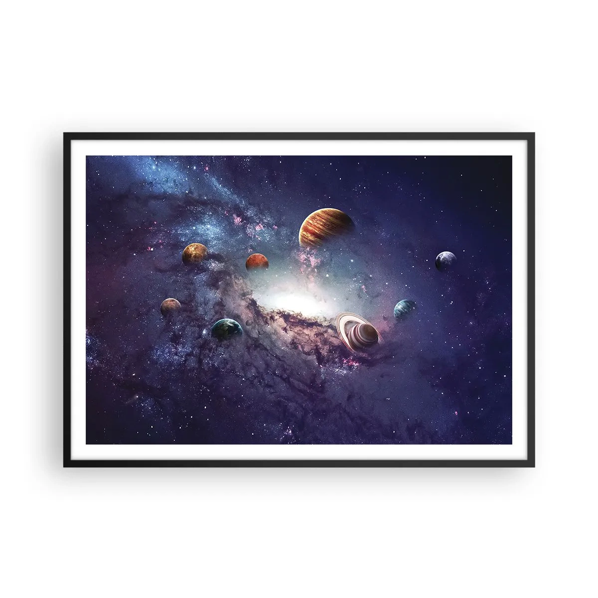Poster in einem schwarzem Rahmen - Planeten in einer Galaxie mit einem Nebel im Hintergrund - 100x70cm - Solar-Tanz-System - Moderne Wanddekoration für Wohnzimmer und Schlafzimmer ARTTOR