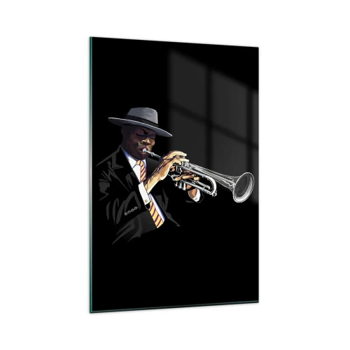 Glasbild - Bild auf glas - Ein Musiker spielt Trompete vor schwarzem Hintergrund - 80x120cm - Charme der alten Schule - Moderne Wanddekoration für Wohnzimmer und Schlafzimmer ARTTOR