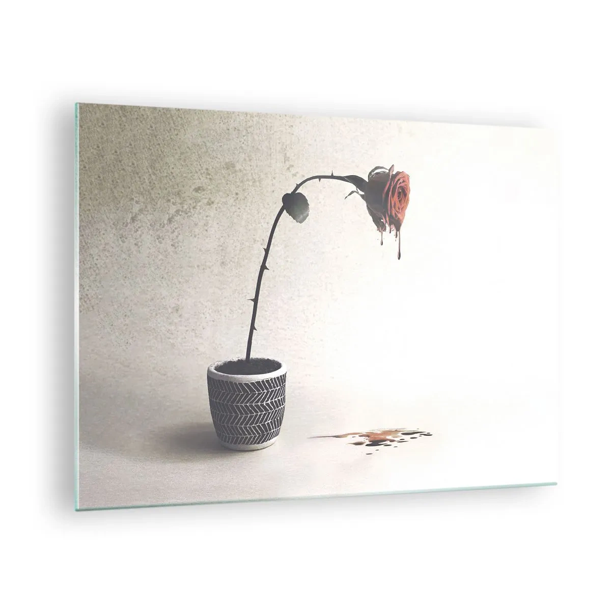 Glasbild - Bild auf glas - Eine symbolische Rose in einem Topf mit tropfender Farbe - 70x50cm - Rosa dolorosa - Moderne Wanddekoration für Wohnzimmer und Schlafzimmer ARTTOR