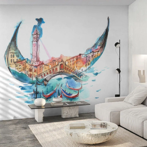 Fototapete Premium Sand - Venezianische Maske mit Stadtpanorama und Gondeln - 100x70cm - Wir segeln durch die Stadt - Moderne Wanddekoration für Wohnzimmer und Schlafzimmer ARTTOR
