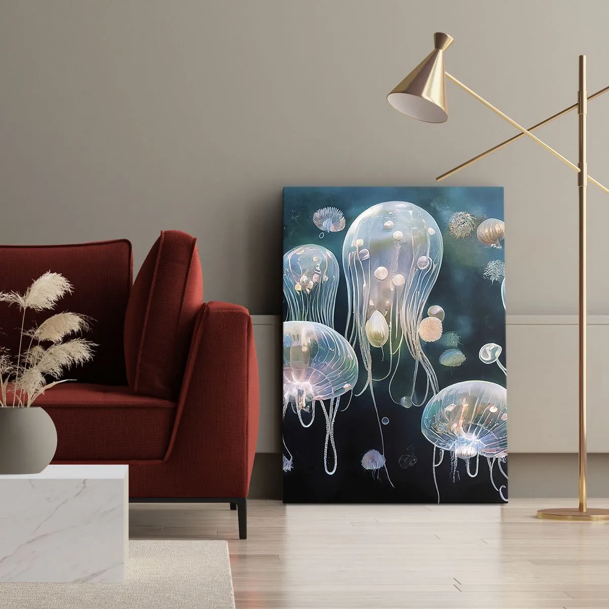 Bild auf Leinwand - Leinwandbild - Zarte Quallen in der Unterwasserwelt - 70x100cm - Unterwasserball - Moderne Wanddekoration für Wohnzimmer und Schlafzimmer ARTTOR