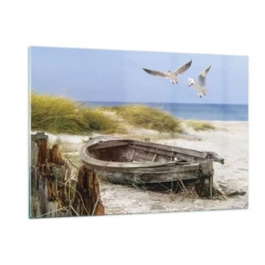 Glasbild - Bild auf glas - Holzboot am Strand mit Möwen im Flug - 120x80cm - In Wind gebadet - Moderne Wanddekoration für Wohnzimmer und Schlafzimmer ARTTOR