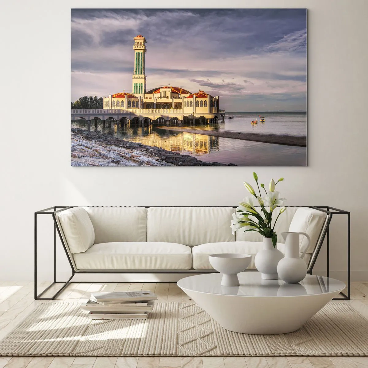 Glasbild - Bild auf glas - Moschee am Wasser in malerischem Licht - 120x80cm - Tempel der Natur - Moderne Wanddekoration für Wohnzimmer und Schlafzimmer ARTTOR