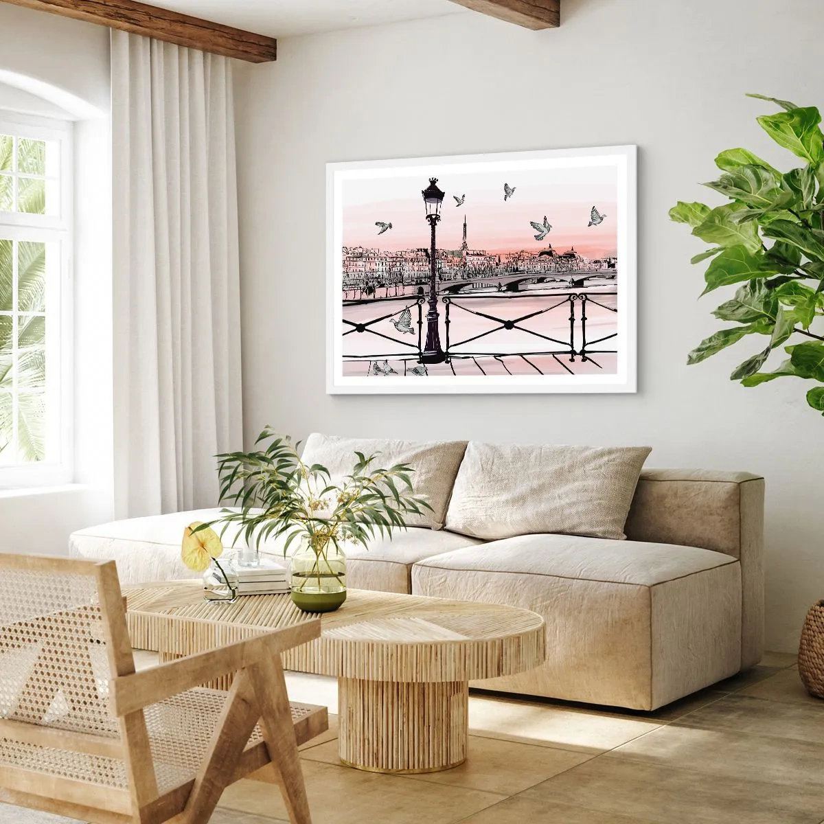 Poster in einem weißen Rahmen - Über den Dächern von Paris - 91x61 cm