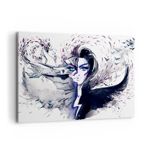 Bild auf Leinwand - Leinwandbild - Abstraktes Gesicht mit kontrastierenden Elementen und einem Flügelmotiv - 100x70cm - Dämonisch und schön - Moderne Wanddekoration für Wohnzimmer und Schlafzimmer ARTTOR