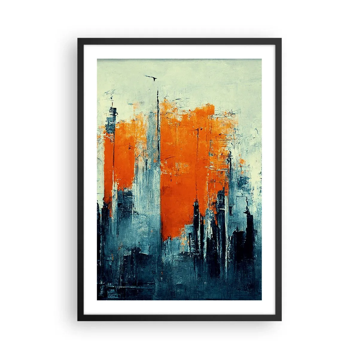 Poster in einem schwarzem Rahmen - Abstraktes Stadtpanorama in Orange- und Marineblautönen - 50x70cm - Moderne Landschaft - Moderne Wanddekoration für Wohnzimmer und Schlafzimmer ARTTOR