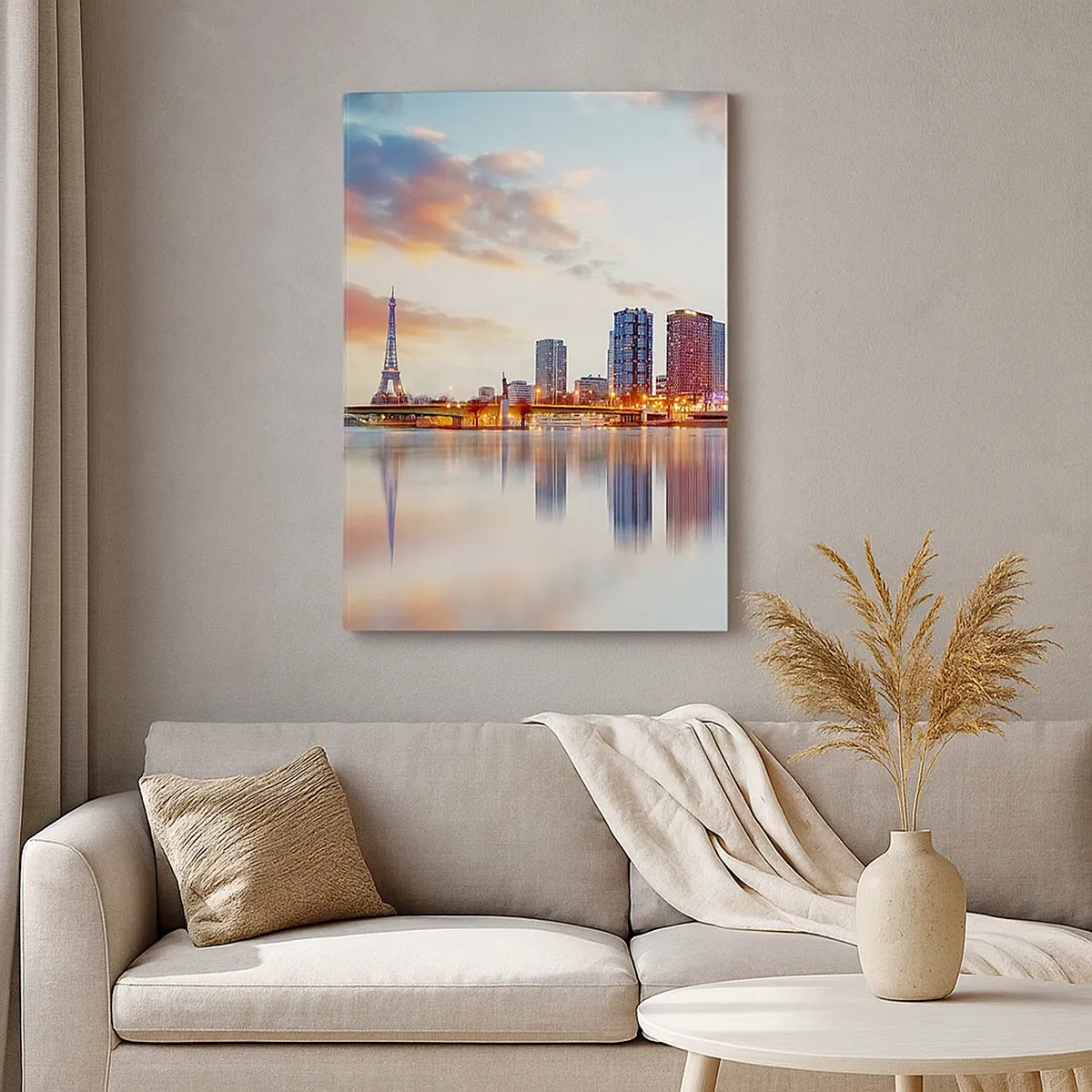 Bild auf Leinwand - Leinwandbild - Panorama moderner Gebäude und des Eiffelturms über dem Wasser - 50x70cm - Die monumentale Ruhe von Paris - Moderne Wanddekoration für Wohnzimmer und Schlafzimmer ARTTOR