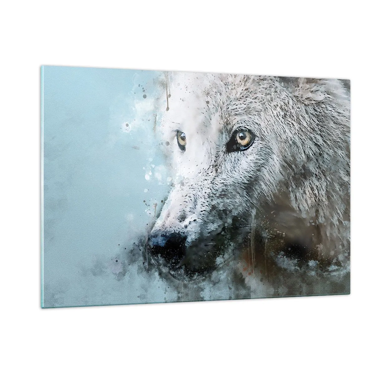 Glasbild - Bild auf glas - Wolfsportrait mit kunstvollen, unscharfen Akzenten in Blautönen - 120x80cm - Lerne die Wolfsseele kennen - Moderne Wanddekoration für Wohnzimmer und Schlafzimmer ARTTOR