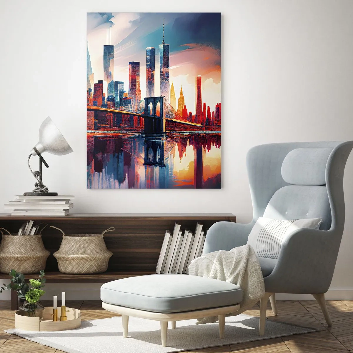 Glasbild - Bild auf glas - Panorama der Stadt mit einer Brücke vor dem bunten Himmel und Spiegelung im Wasser - 50x70cm - Traumhaftes New York - Moderne Wanddekoration für Wohnzimmer und Schlafzimmer ARTTOR