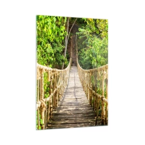 Glasbild - Bild auf glas - Eine hölzerne Hängebrücke, umgeben von üppigem Grün - 50x70cm - Im Grünen ausgesetzt - Moderne Wanddekoration für Wohnzimmer und Schlafzimmer ARTTOR