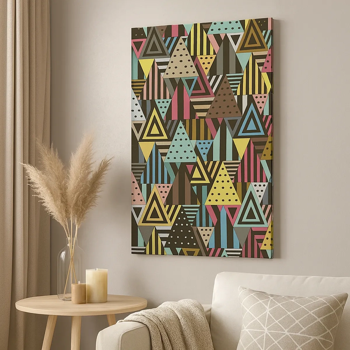 Bild auf Leinwand - Leinwandbild - Buntes geometrisches Muster mit Dreiecken und Linien - 50x70cm - Im Rhythmus auf drei - Moderne Wanddekoration für Wohnzimmer und Schlafzimmer ARTTOR