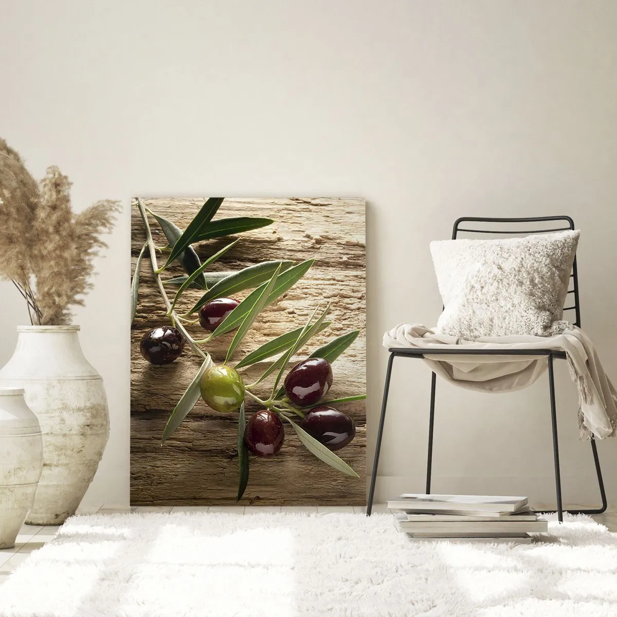 Glasbild - Bild auf glas - Olivenzweig auf einem hölzernen Hintergrund - 50x70cm - Direkt aus der Natur - Moderne Wanddekoration für Wohnzimmer und Schlafzimmer ARTTOR