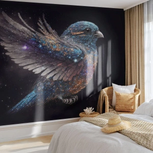 Fototapete Premium Sand - Space Sparrow mit Diamantglanz auf Schwarz - 100x70cm - Diamantsperling - Moderne Wanddekoration für Wohnzimmer und Schlafzimmer ARTTOR