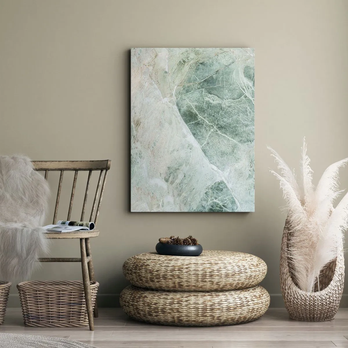 Bild auf Leinwand - Leinwandbild - Grüner Marmor mit zarten weißen Adern - 80x120cm - Edle Kälte des Steins - Moderne Wanddekoration für Wohnzimmer und Schlafzimmer ARTTOR