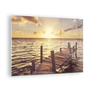 Glasbild - Bild auf glas - Ein Holzsteg vor der Kulisse der untergehenden Sonne - 70x50cm - Das goldene Land der Sanftmut - Moderne Wanddekoration für Wohnzimmer und Schlafzimmer ARTTOR