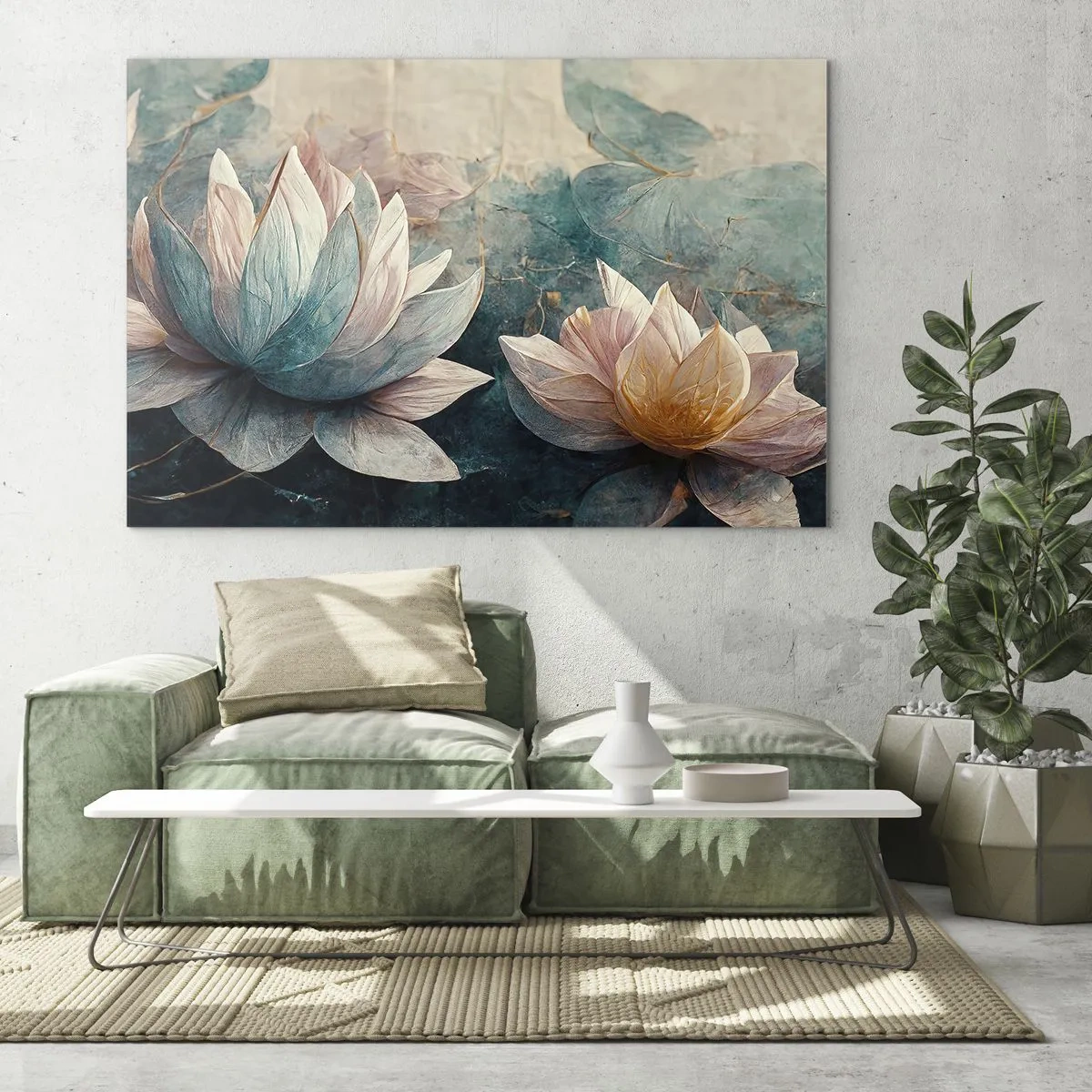 Glasbild - Bild auf glas - Künstlerische Darstellung von Lotusblumen vor einem Hintergrund aus Wasserblättern. - 70x50cm - Seesterne - Moderne Wanddekoration für Wohnzimmer und Schlafzimmer ARTTOR
