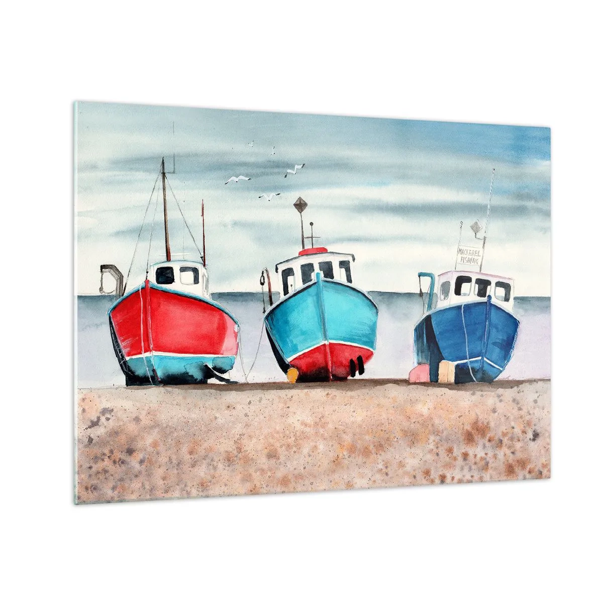 Glasbild - Bild auf glas - Drei bunte Fischerboote an der Küste - 70x50cm - Bereit zum Fang - Moderne Wanddekoration für Wohnzimmer und Schlafzimmer ARTTOR