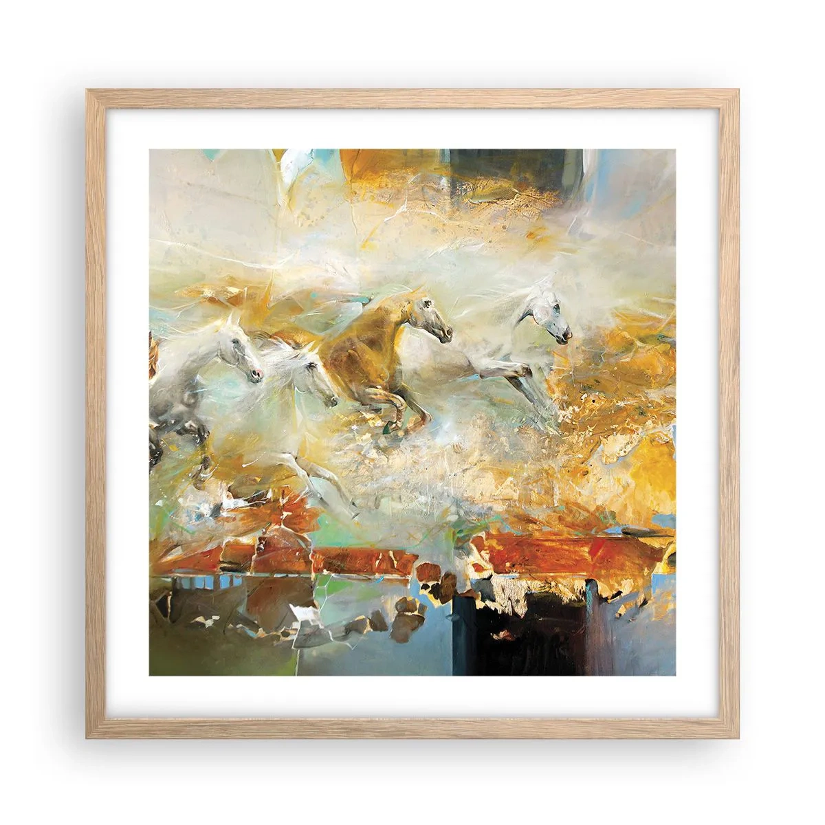 Poster in einem Rahmen aus heller Eiche - Im Galopp durch das Licht - 50x50 cm