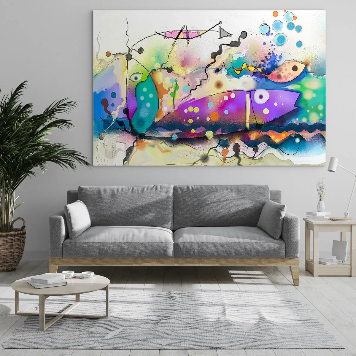 Glasbild - Bild auf glas - Abstrakte Komposition mit bunten Formen und Linien - 120x80cm - Es fehlen die Worte! - Moderne Wanddekoration für Wohnzimmer und Schlafzimmer ARTTOR
