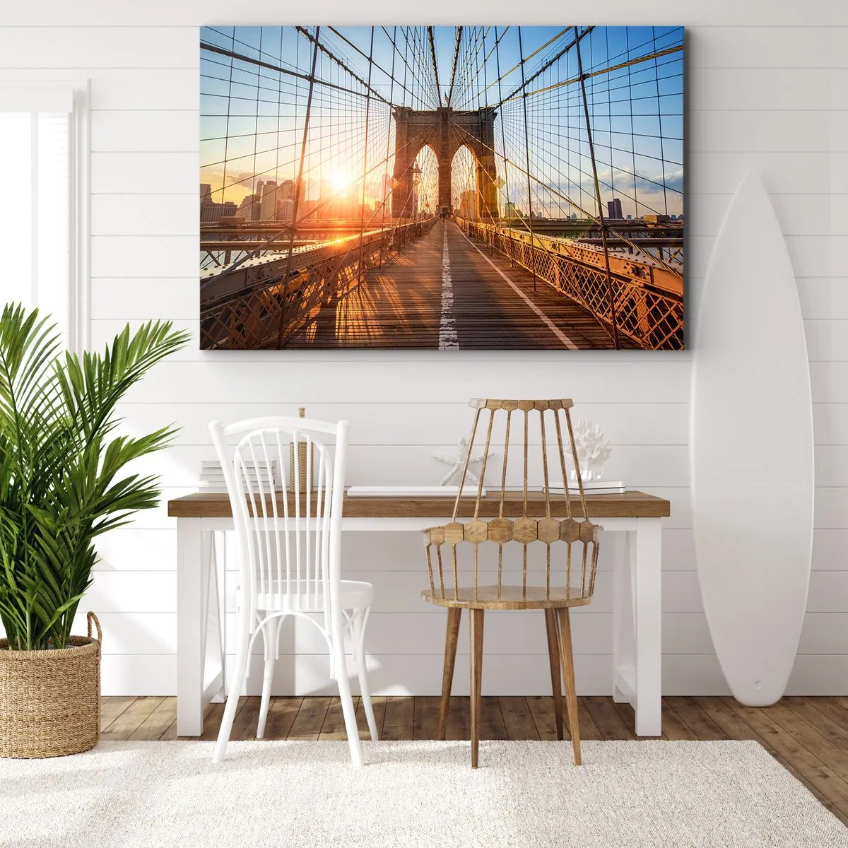Bild auf Leinwand - Leinwandbild - Die Brücke im Licht der untergehenden Sonne mit Blick auf die Stadt - 120x80cm - Auf der goldenen Brücke - Moderne Wanddekoration für Wohnzimmer und Schlafzimmer ARTTOR