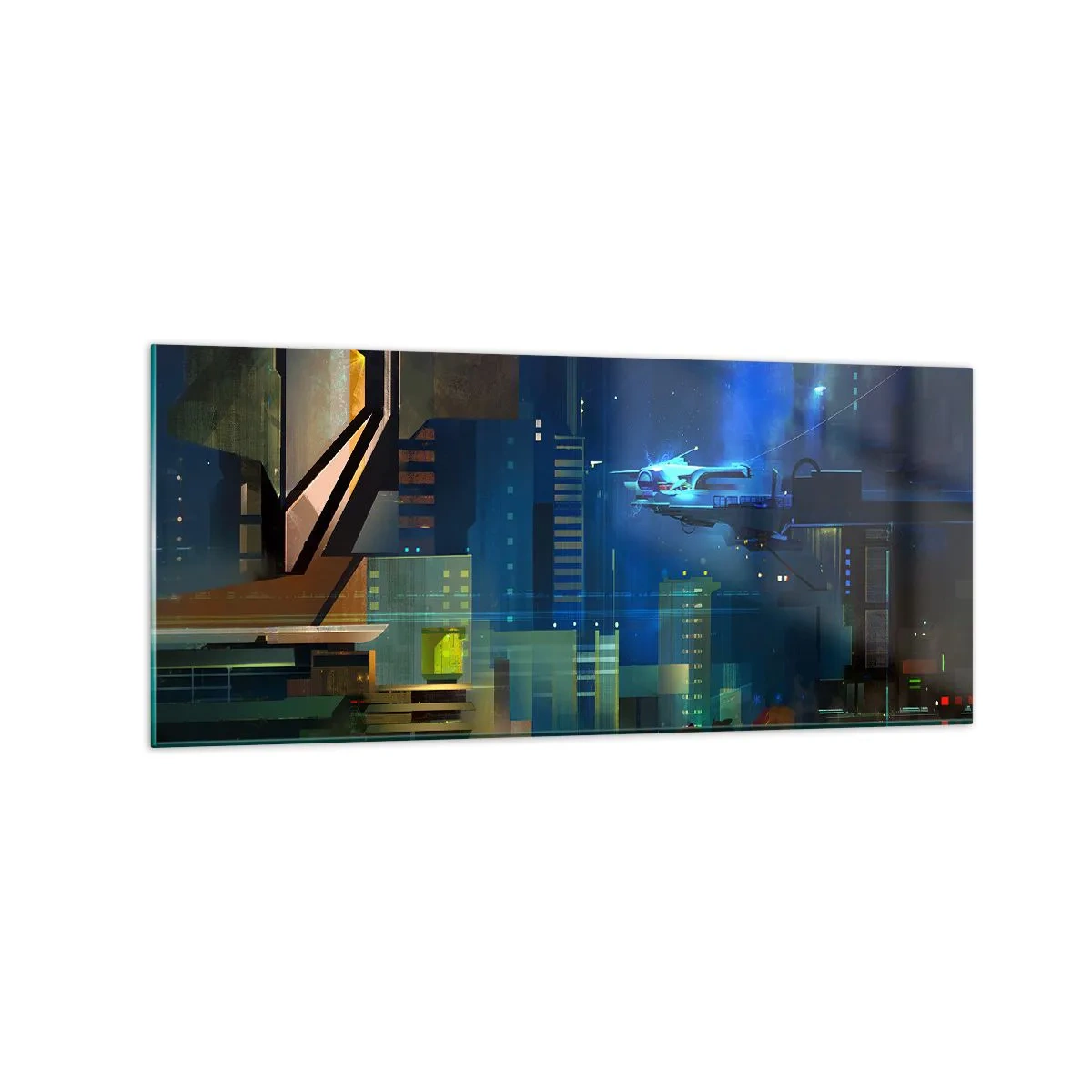 Glasbild - Bild auf glas - Futuristische Stadt bei Nacht mit Neonlichtern und einem fliegenden Fahrzeug - 120x50cm - In naher Zukunft - Moderne Wanddekoration für Wohnzimmer und Schlafzimmer ARTTOR