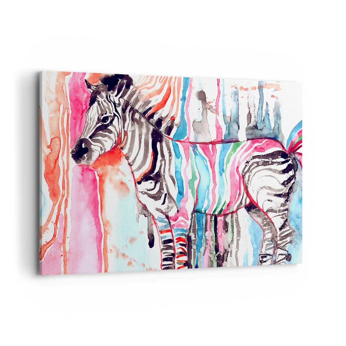 Bild auf Leinwand - Leinwandbild - Ein buntes Zebra vor einem Hintergrund aus abstrakten Aquarellmustern - 120x80cm - Unbeschwerter Witz der Natur - Moderne Wanddekoration für Wohnzimmer und Schlafzimmer ARTTOR