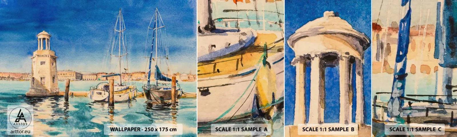 Fototapetenmuster Standard Eco - Sonnige Lagune - Hafen, Landschaft, Leuchtturm - 100x30 cm