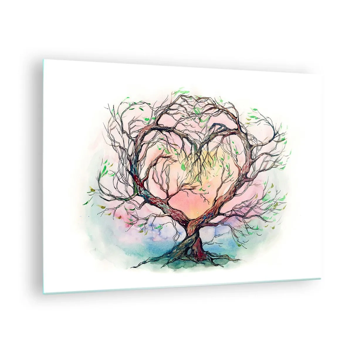 Glasbild - Bild auf glas - Ein herzförmiger Baum mit einem farbenfrohen, pastellfarbenen Hintergrund - 70x50cm - Gemeinsam gegen die Stürme - Moderne Wanddekoration für Wohnzimmer und Schlafzimmer ARTTOR
