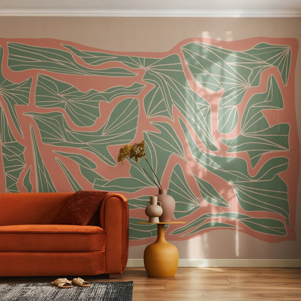 Fototapete Premium Canvas - Kampf zwischen Korallen und Grün - Boho, Pastell, Stück - 500x350 cm