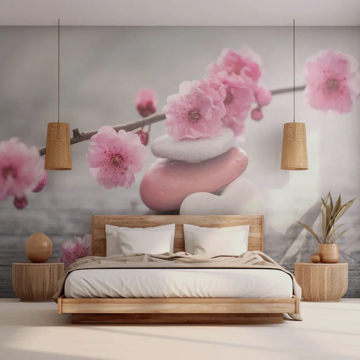 Fototapete Premium Sand - Steine in harmonischer Komposition mit rosa Blüten - 100x70cm - Glückseligkeit mit einer Kirschblüte - Moderne Wanddekoration für Wohnzimmer und Schlafzimmer ARTTOR