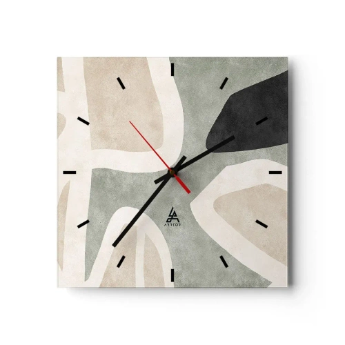 Wanduhr - Glasuhr - Abstrakte Formen in gedämpften Farben - 30x30cm - Komposition mit schwarzem Motiv - Moderne Wanddekoration für Wohnzimmer und Schlafzimmer ARTTOR