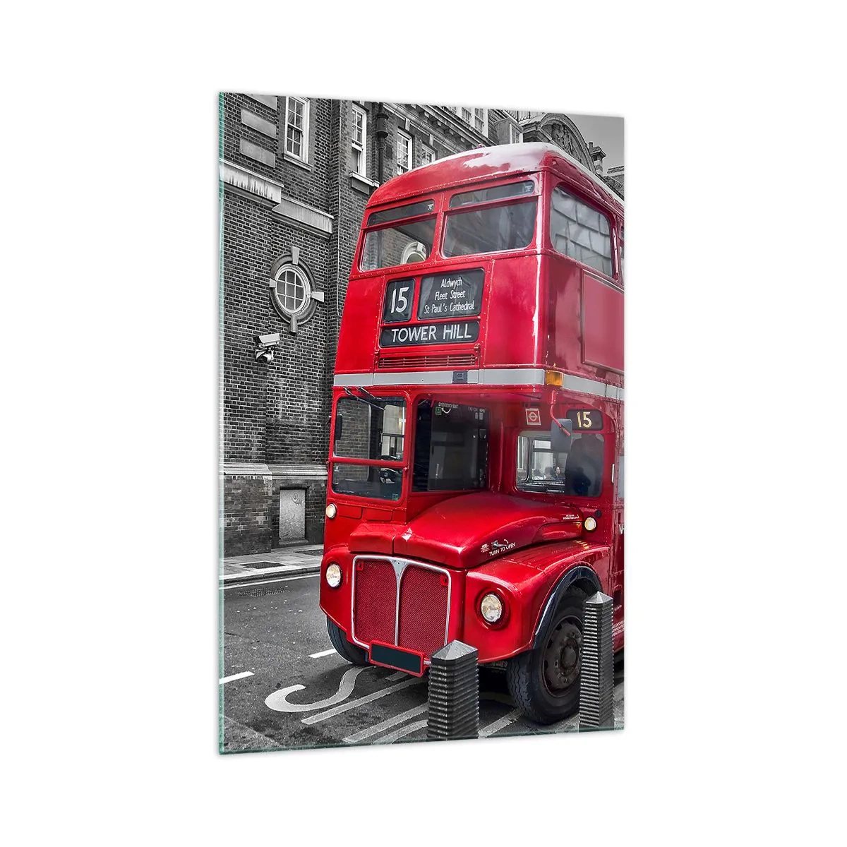 Glasbild - Bild auf glas - Ein roter Doppeldeckerbus in London vor der Kulisse klassischer Architektur - 70x100cm - Immer gleich - Moderne Wanddekoration für Wohnzimmer und Schlafzimmer ARTTOR