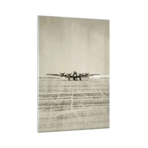 Glasbild - Bild auf glas - Historisches Flugzeug auf dem Flughafen in Sepia - 80x120cm - Wie immer bereit - Moderne Wanddekoration für Wohnzimmer und Schlafzimmer ARTTOR
