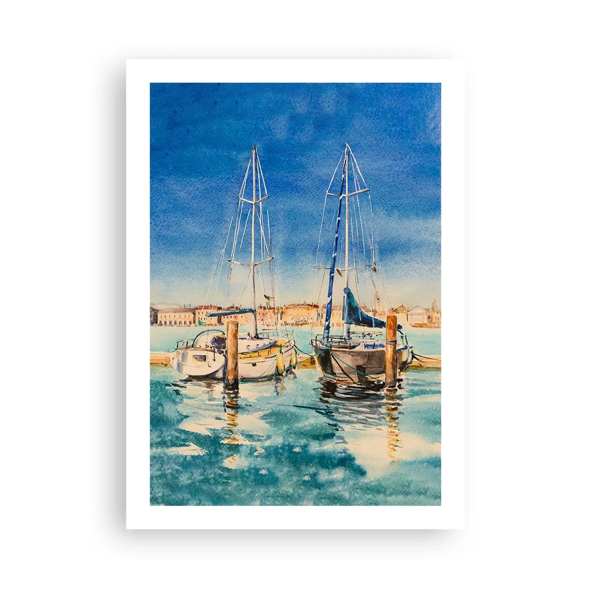 Poster - Aquarellillustration von Segelbooten vor einer blauen Lagune an einem sonnigen Tag. - 50x70cm - Sonnige Lagune - Moderne Wanddekoration für Wohnzimmer und Schlafzimmer ARTTOR