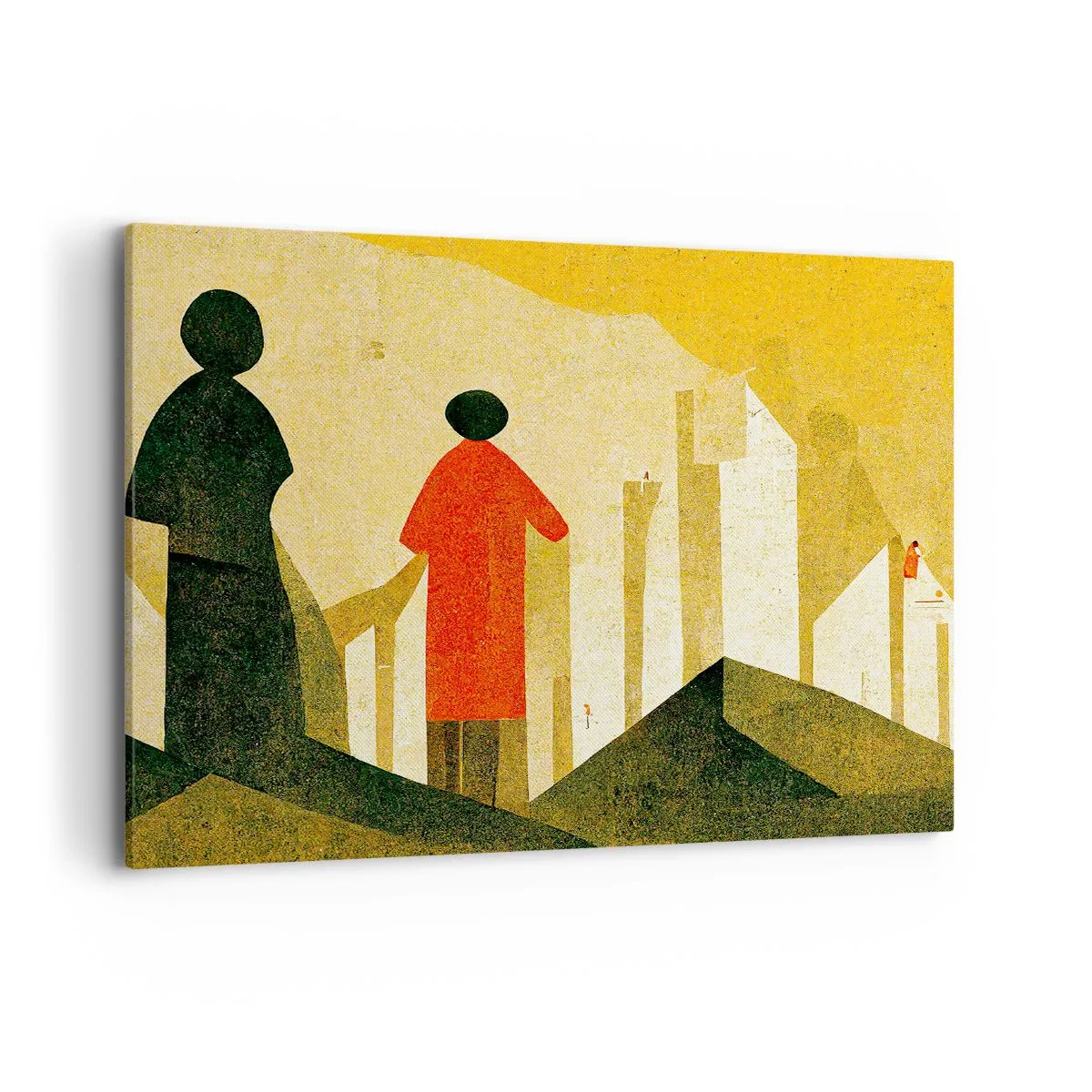 Bild auf Leinwand - Leinwandbild - Geometrische Silhouetten in Rot und Grün auf gelbem Hintergrund - 100x70cm - Es ist noch ein langer Weg - Moderne Wanddekoration für Wohnzimmer und Schlafzimmer ARTTOR